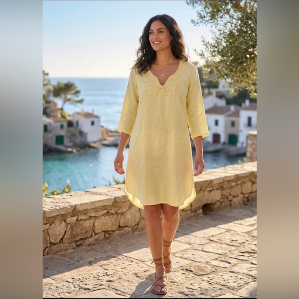 Malvin Hamburg Yellow 100% Linen Lace Boho Tunic Dress XL